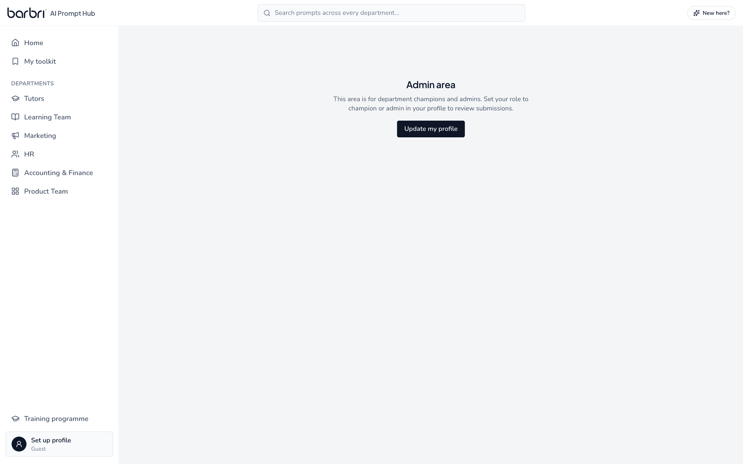 Admin view for reviewing contributed prompts and prompt requests from failed searches