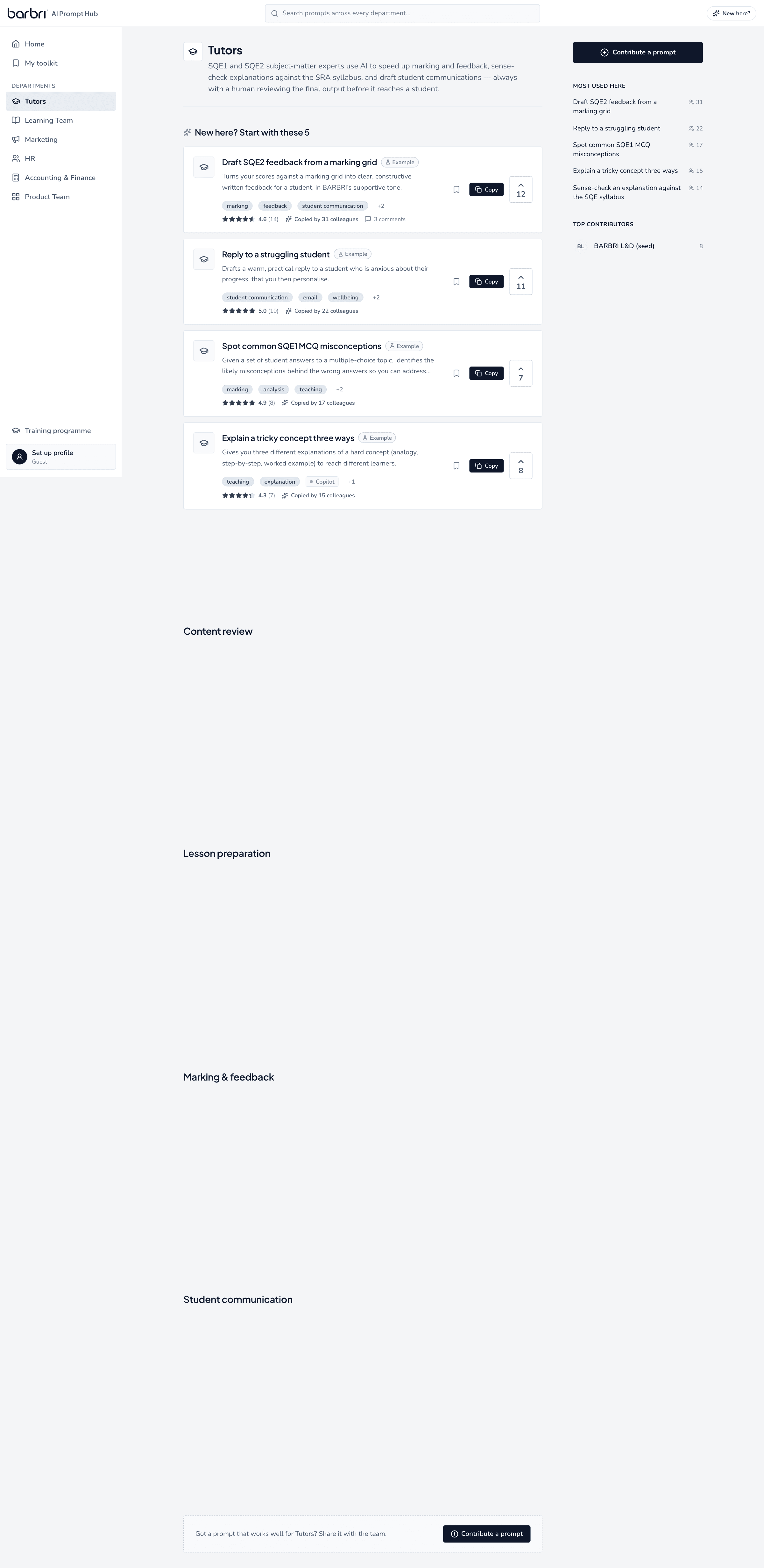 Tutors department page with prompts organised by category and task tags
