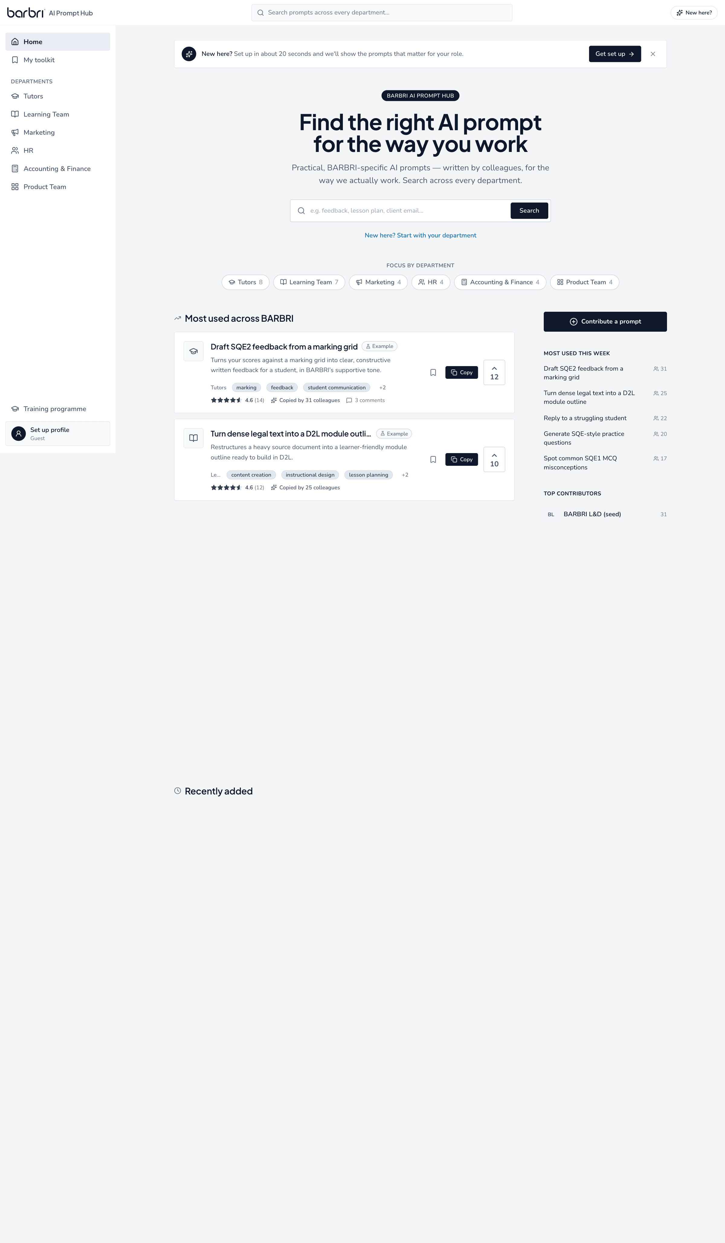 AI Prompt Hub home with department cards, trending prompts, and search across every department