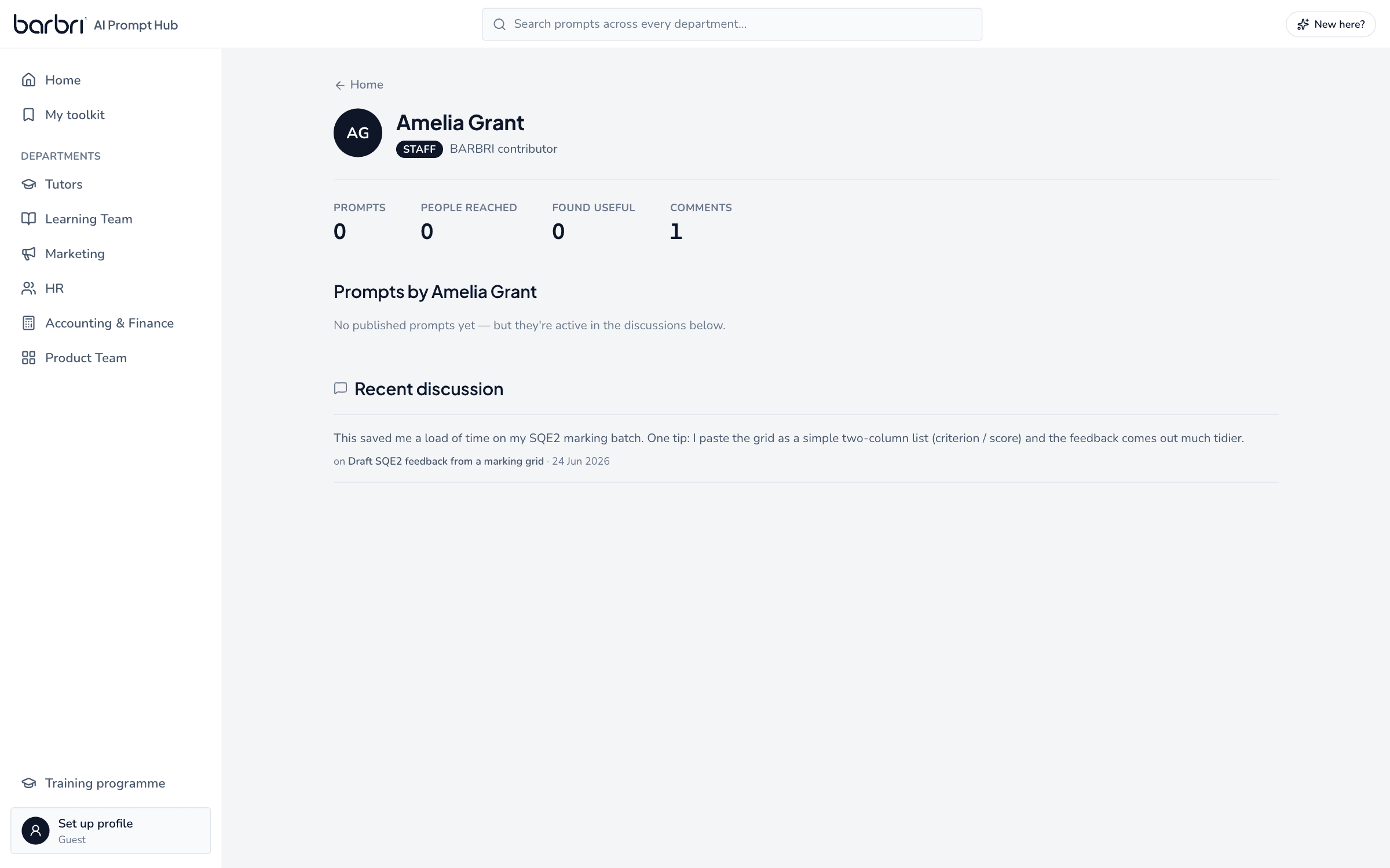 Contributor profile page showing a colleague's shared prompts and activity