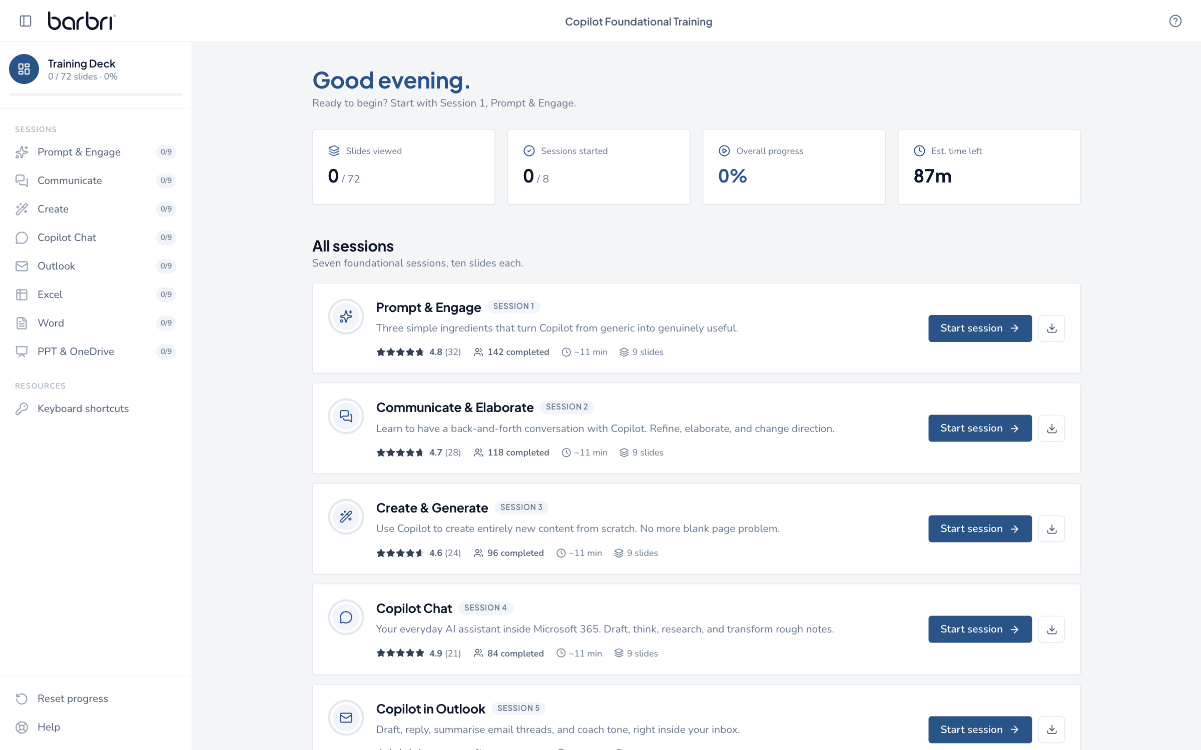 Copilot Foundational Training home: eight sessions with ratings, completion counts, and per-session downloads