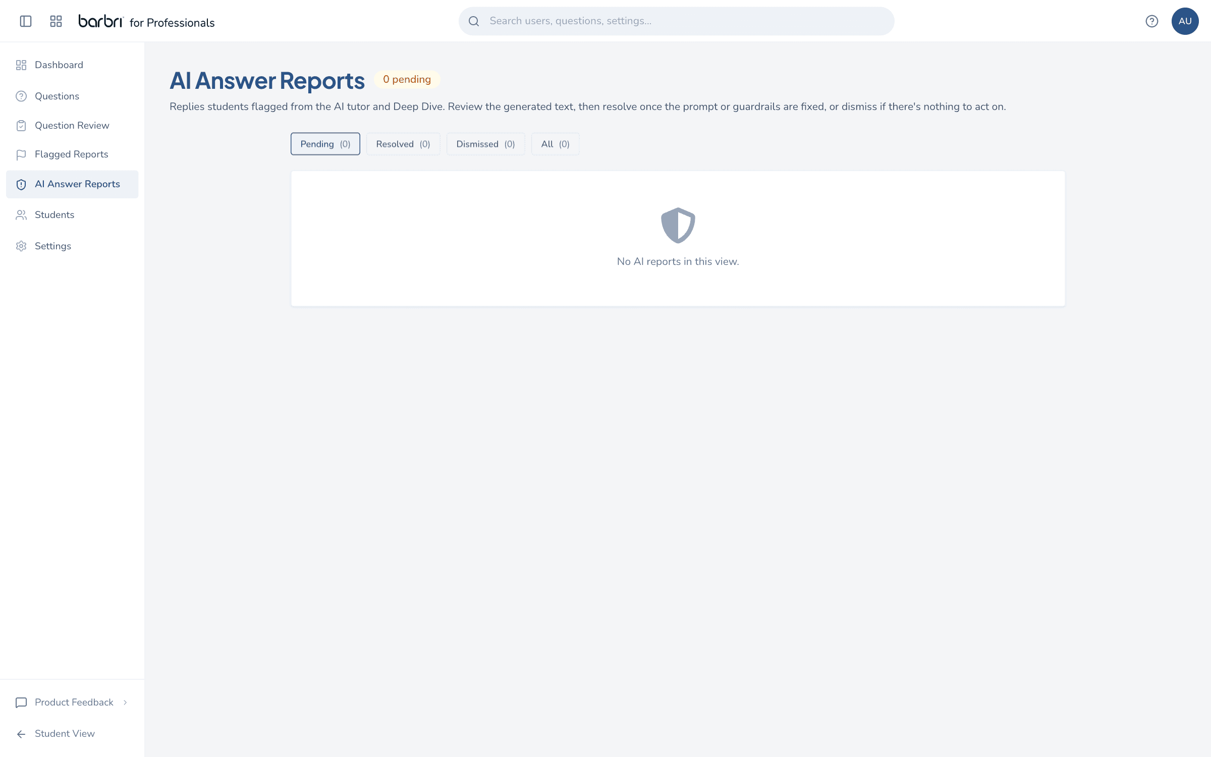 Admin AI answer reports: student feedback on AI explanations queued for review