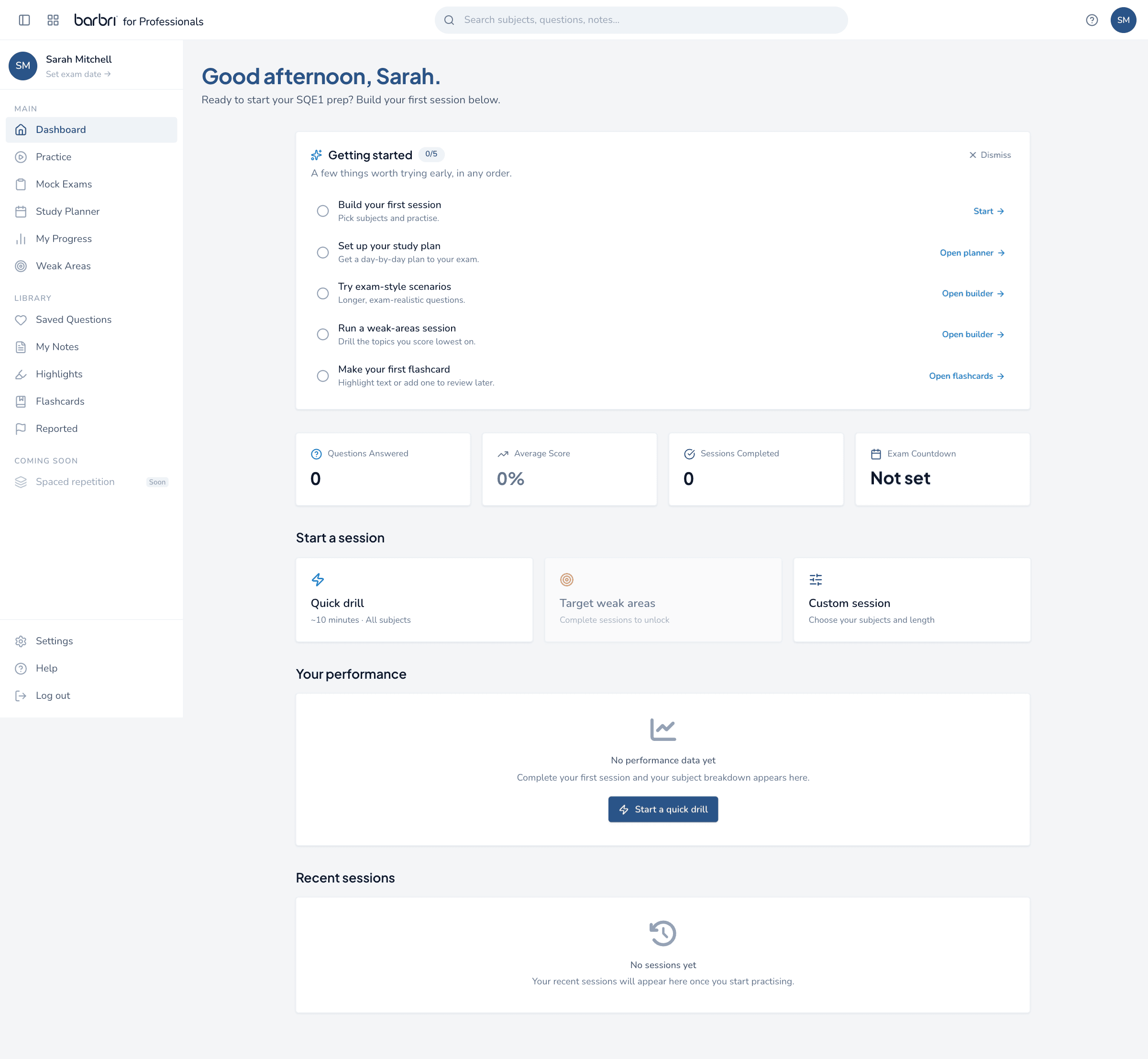 Student dashboard with getting-started checklist, stat tiles, session launchers and performance area