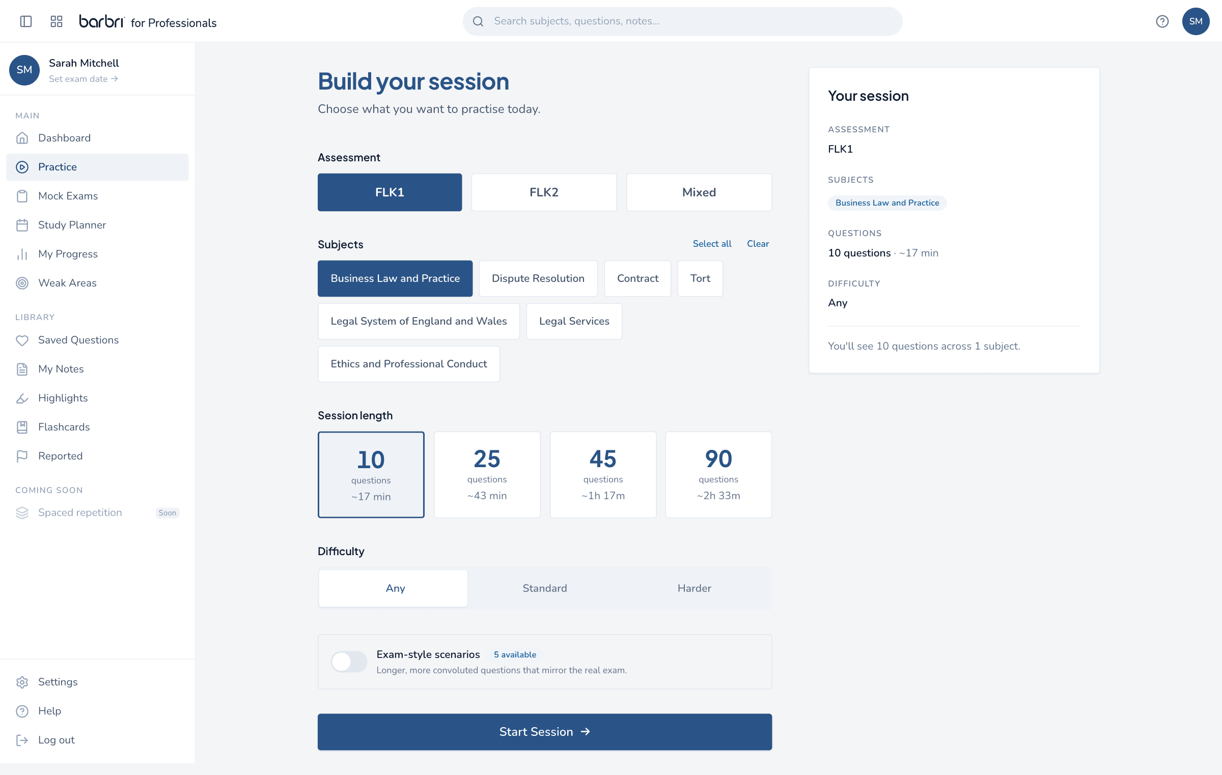 Session builder: choose subjects, length and difficulty for a practice drill