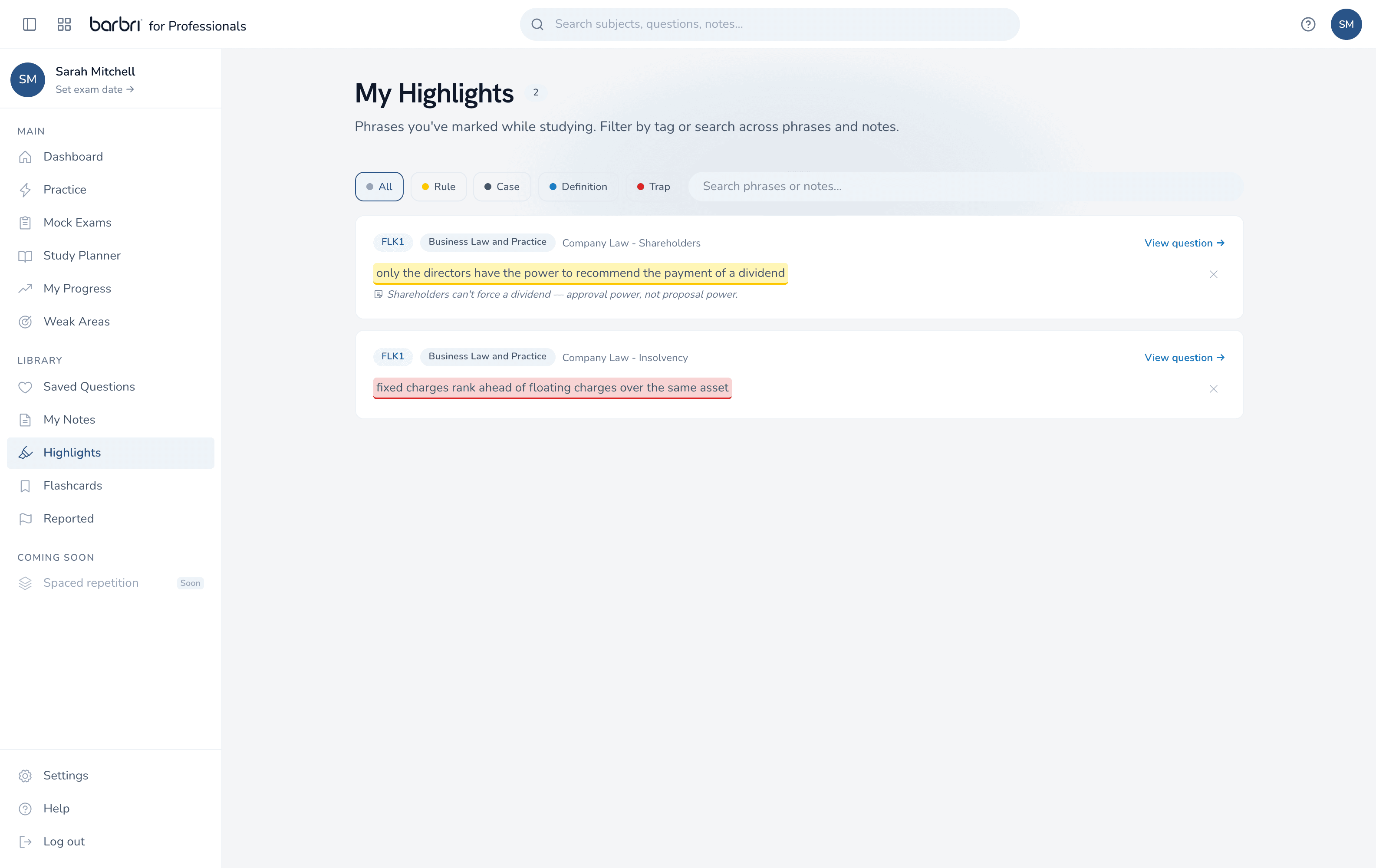 Highlights library: phrases tagged Rule, Case, Definition or Trap while studying, each linked back to its question