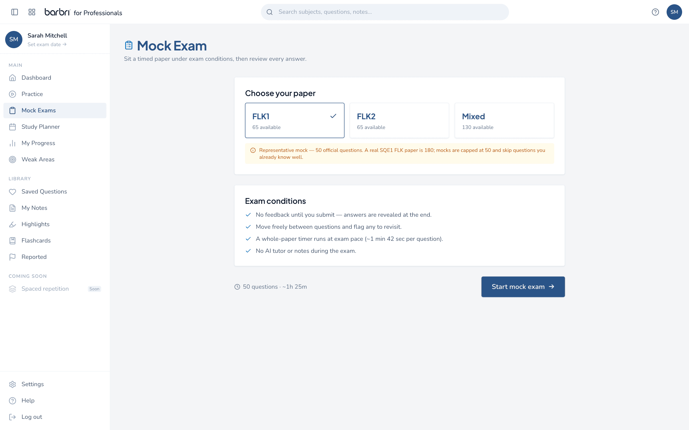 Mock exam setup with FLK1/FLK2 selection and timed exam conditions