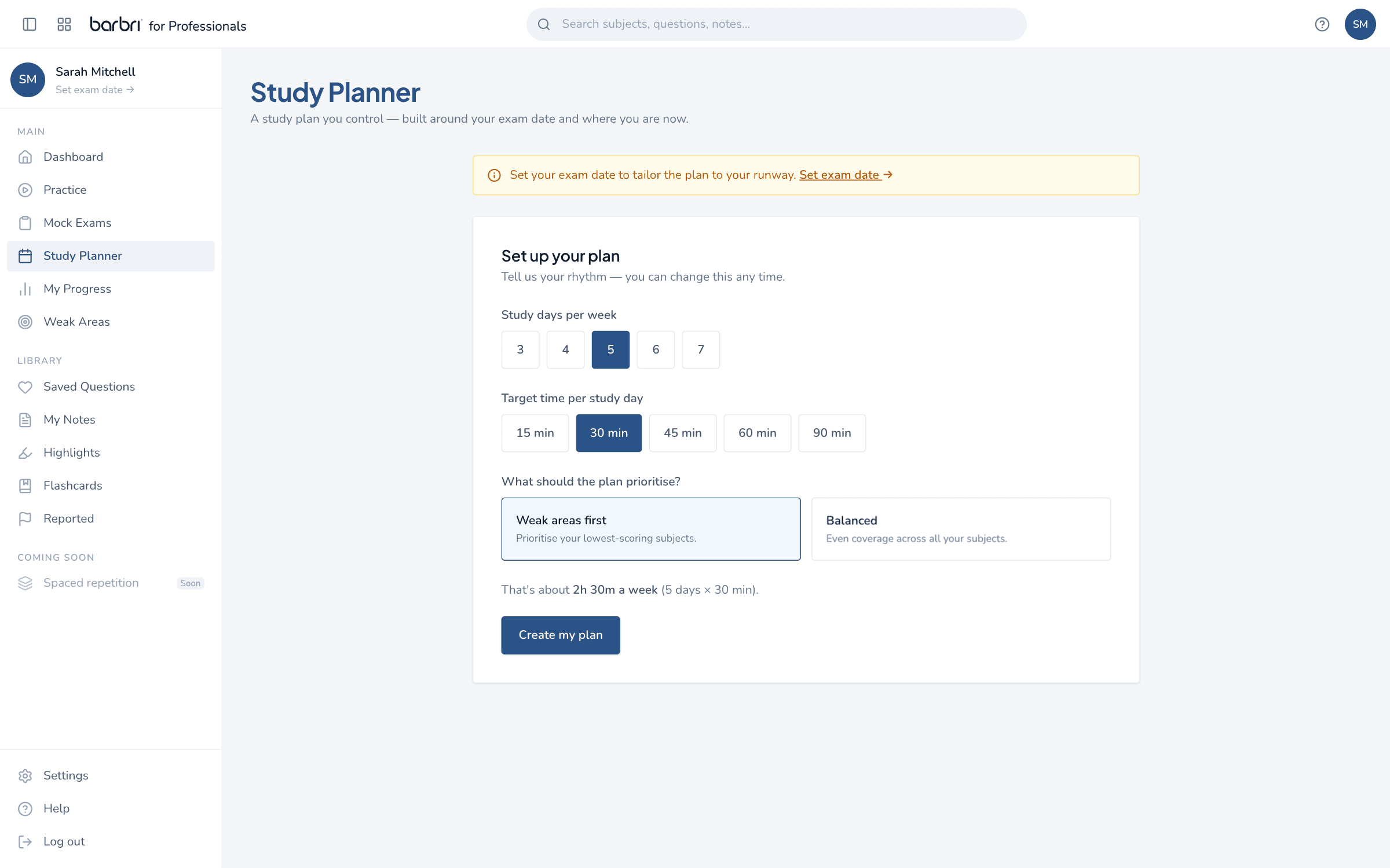 Study planner building a day-by-day plan toward the exam date