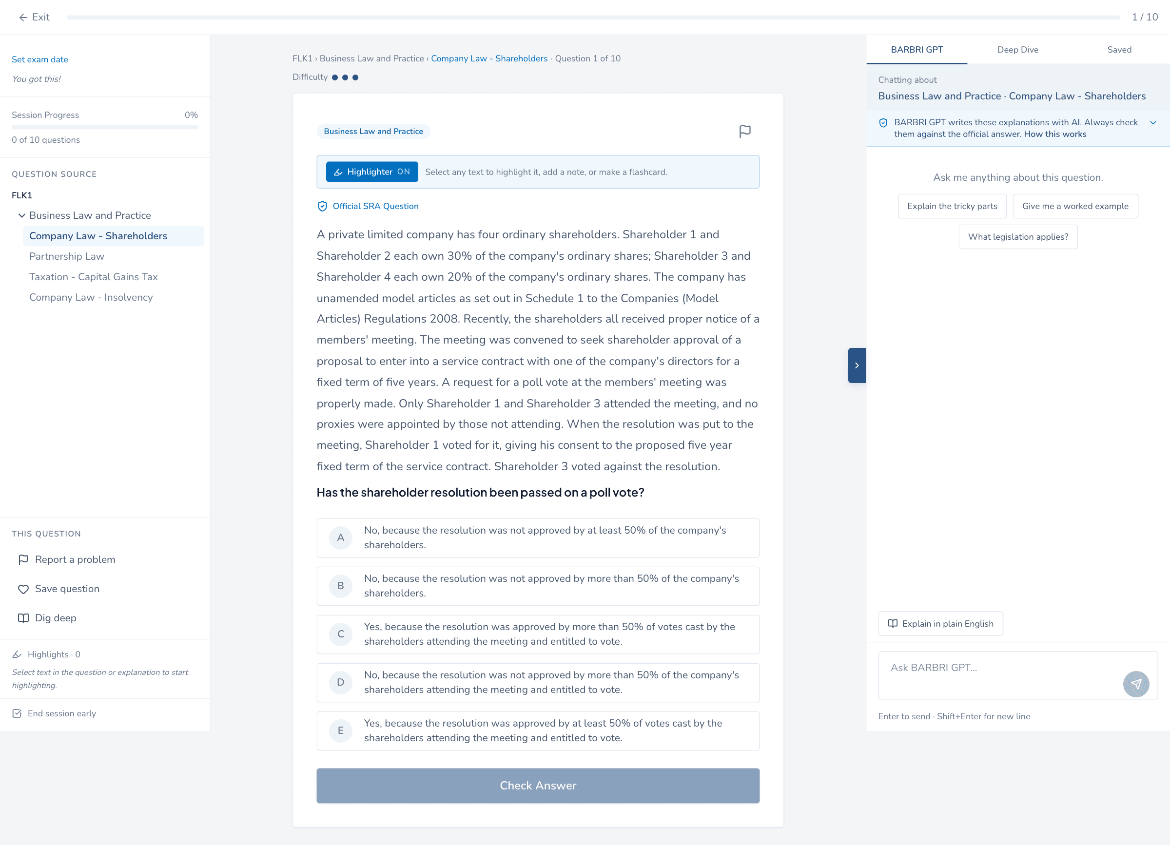 BARBRI GPT question session: SRA-style multiple choice question with syllabus breadcrumb, highlighter, and the AI tutor panel with suggested prompts
