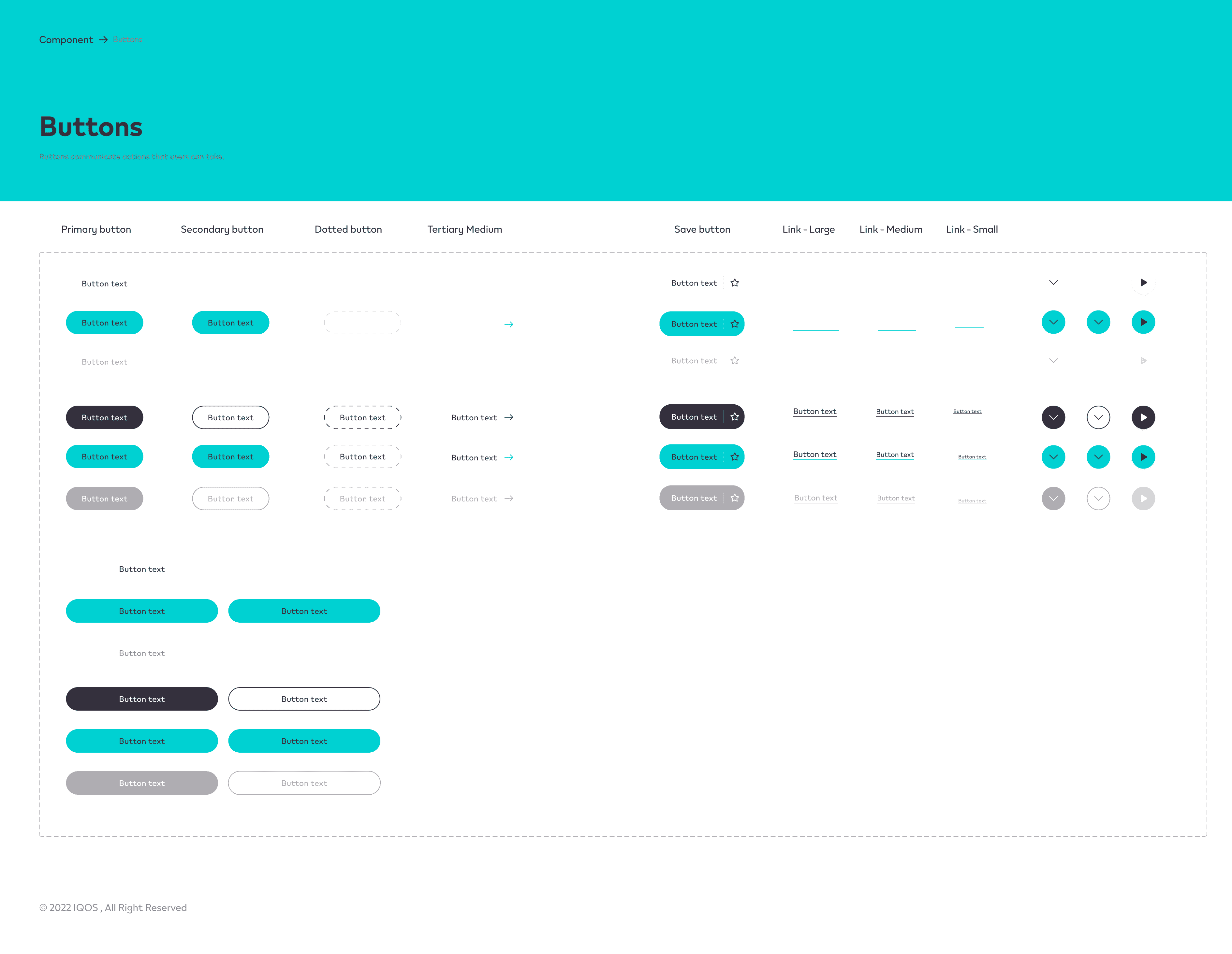 Button component sheet: primary, secondary, dotted and link variants across every state