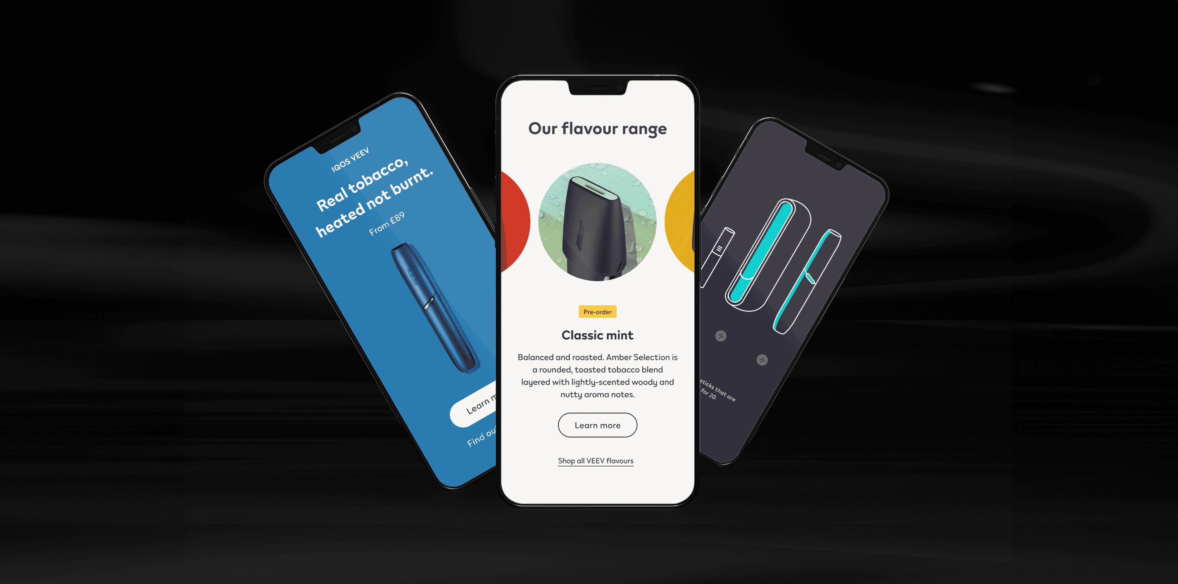 Three mobile product screens built entirely from the design system