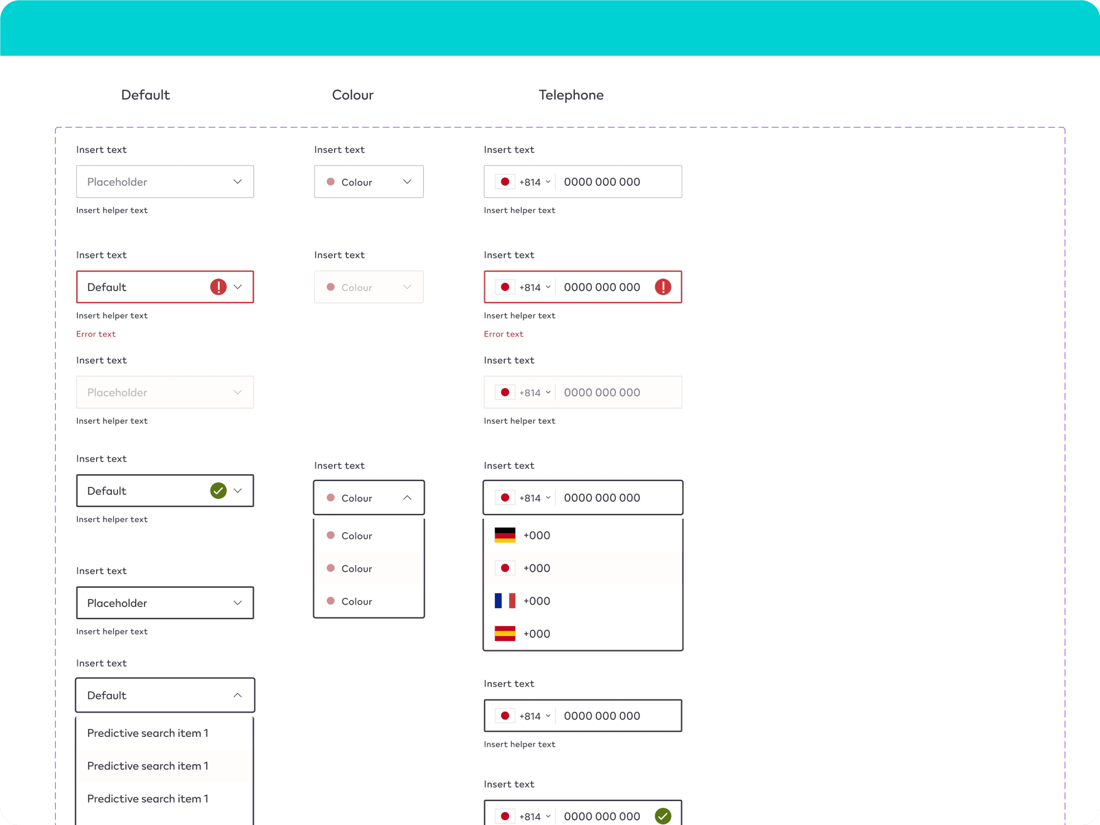 Form input specification covering default, colour and telephone fields with error, disabled and open states