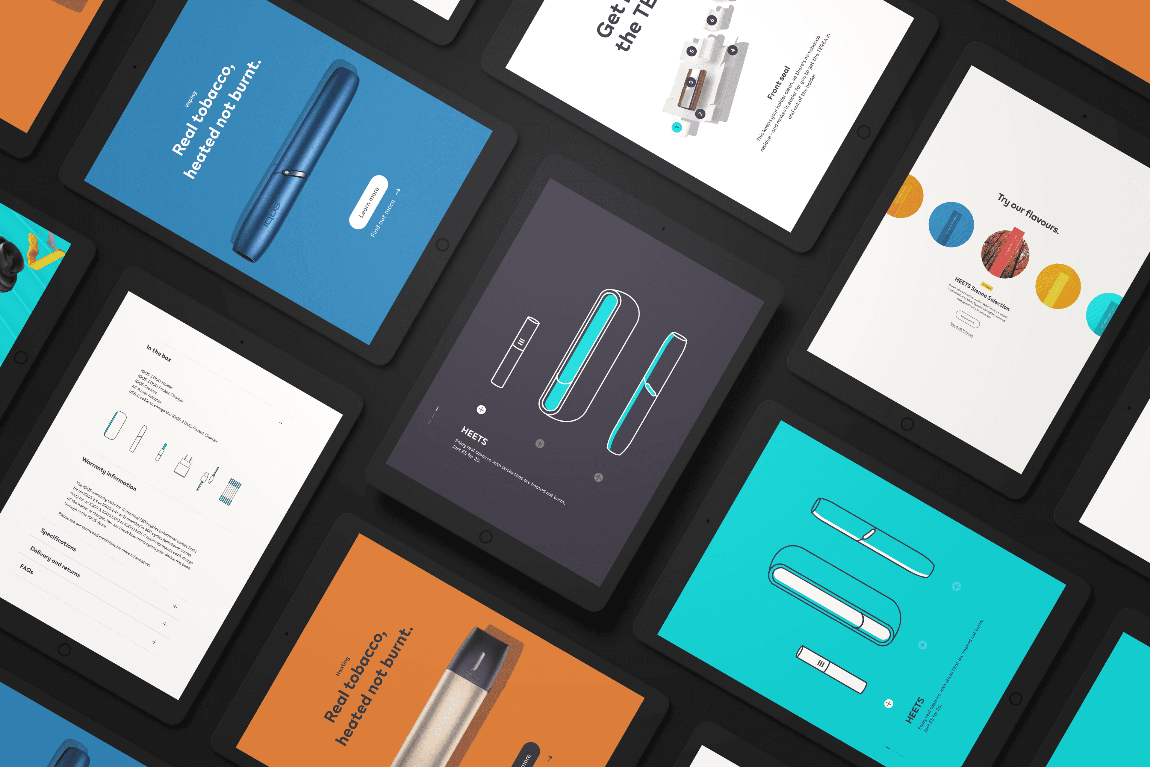 Grid of IQOS product and marketing screens built on the DUES design system