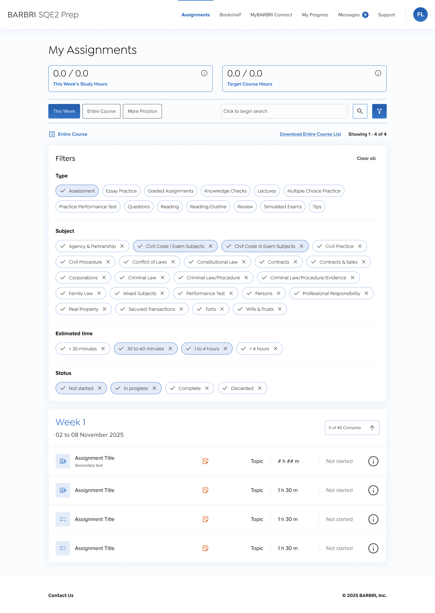 My Assignments with the filter panel open, narrowing assignments by practice area and type
