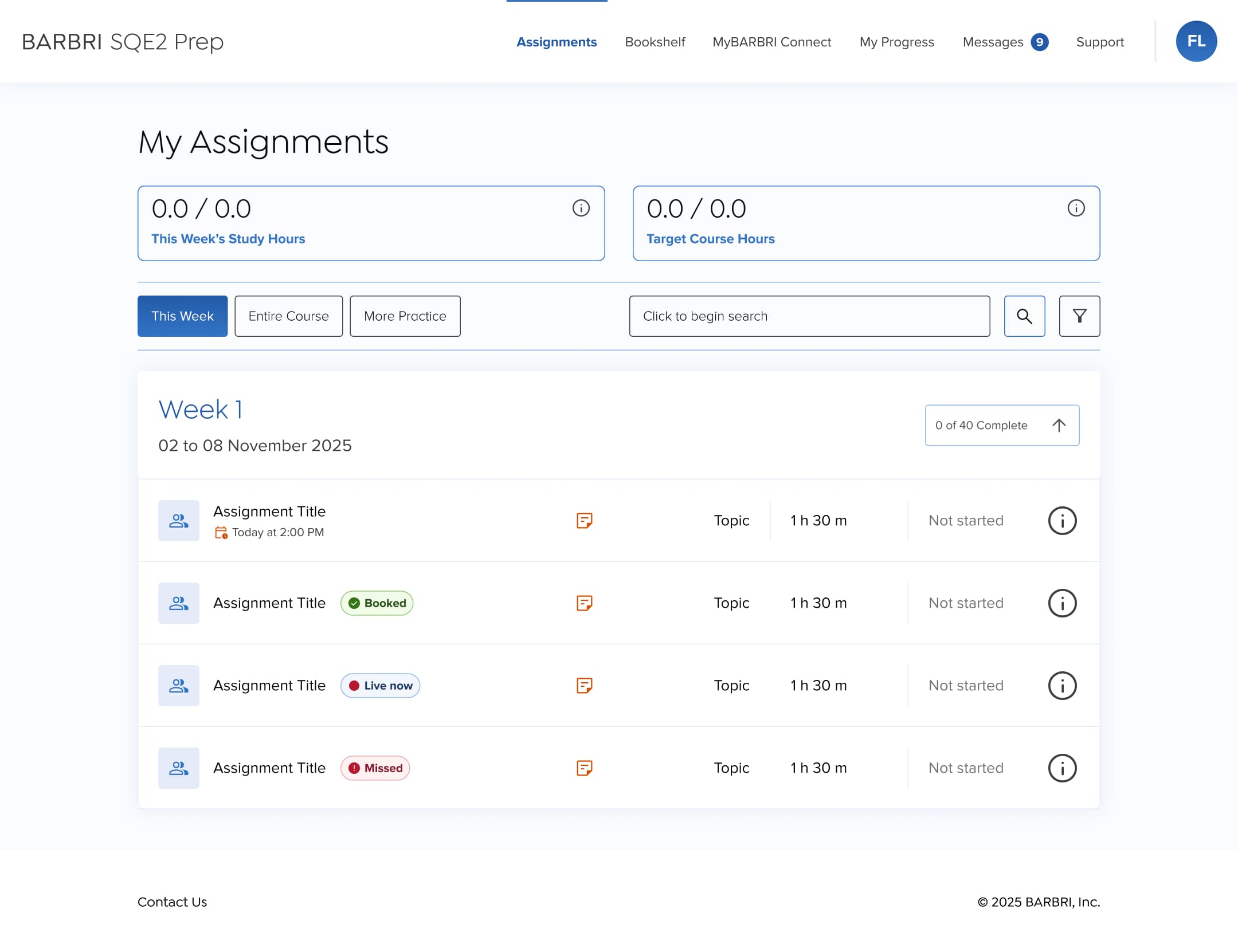 BARBRI SQE2 Prep, My Assignments weekly view with study-hour tracking and session status chips