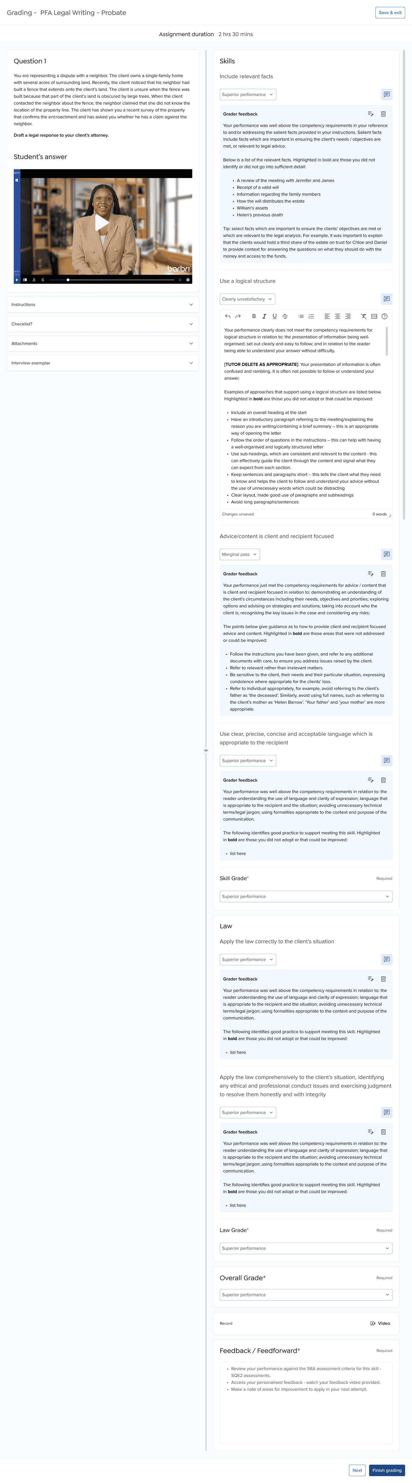 Completed grading view with rubric grades selected and compiled feedback ready to submit