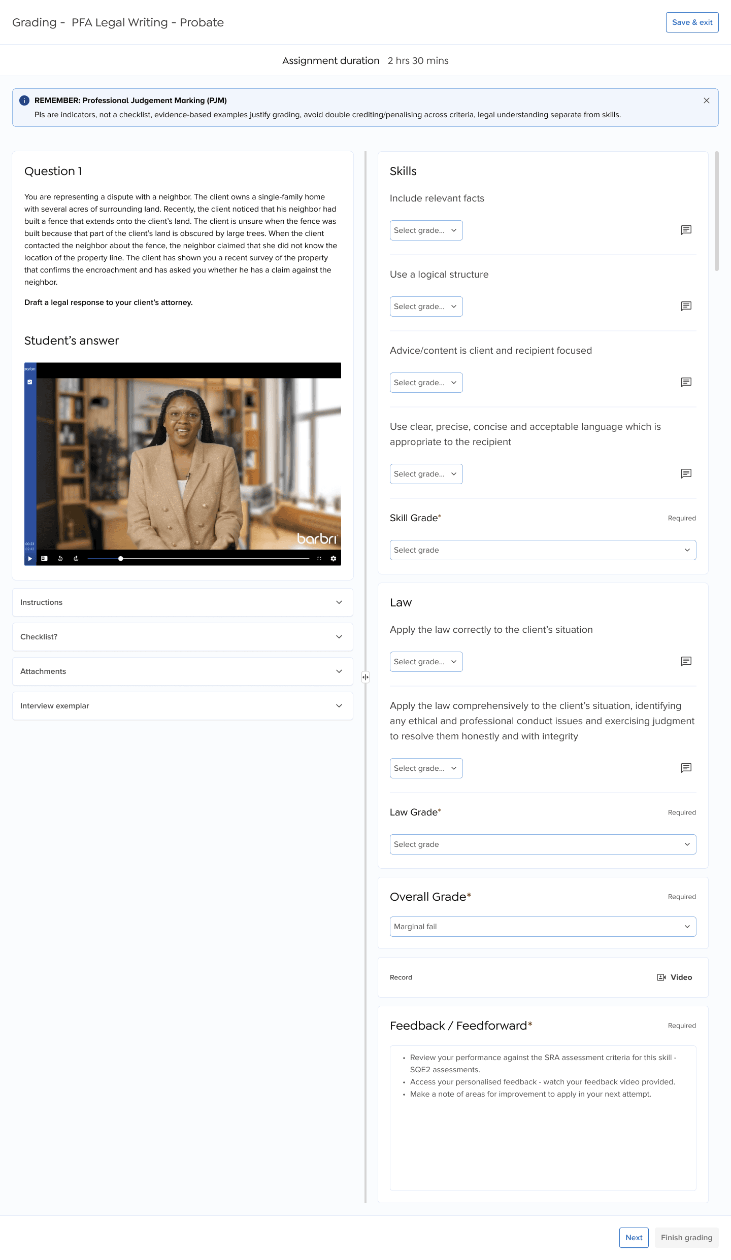 Tutor grading interface for PFA Legal Writing, Probate: video answer beside Skills and Law rubric criteria with grade selectors