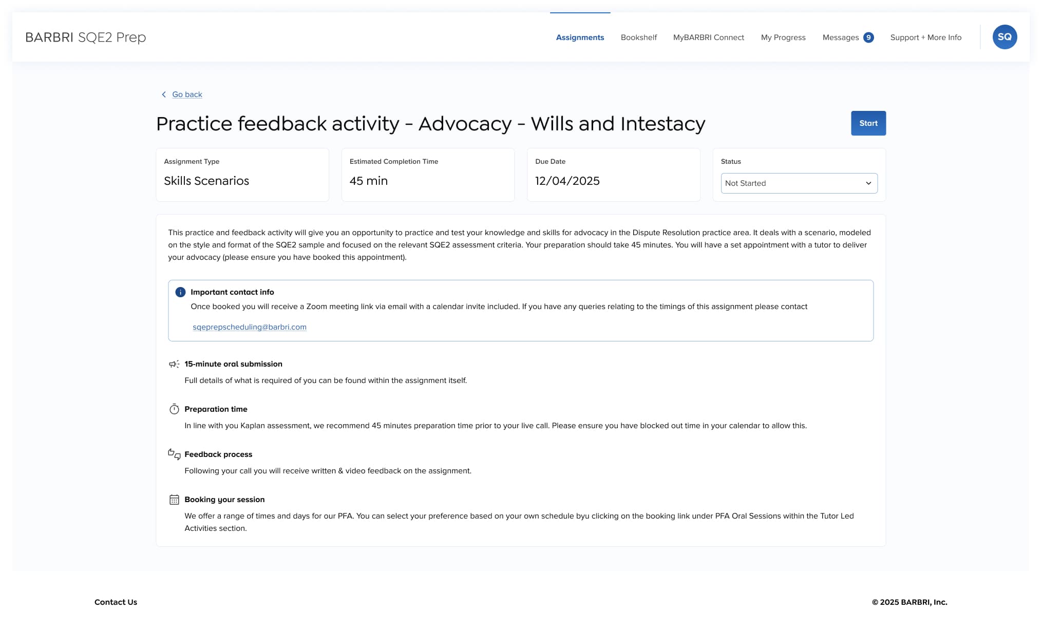 Practice feedback activity for Advocacy, Wills and Intestacy: type, timing, due date, status and a single Start action