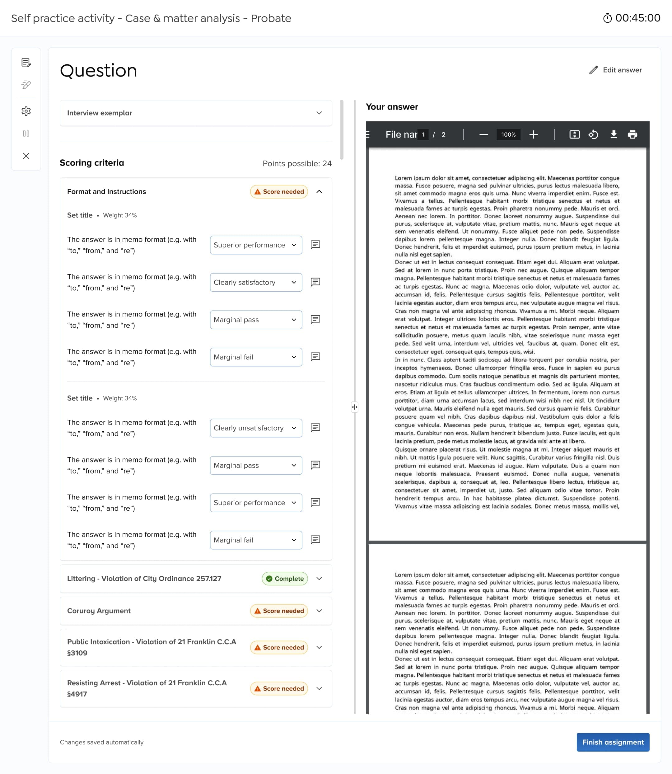 Long-answer self-assessment flow comparing the student's answer against the exemplar