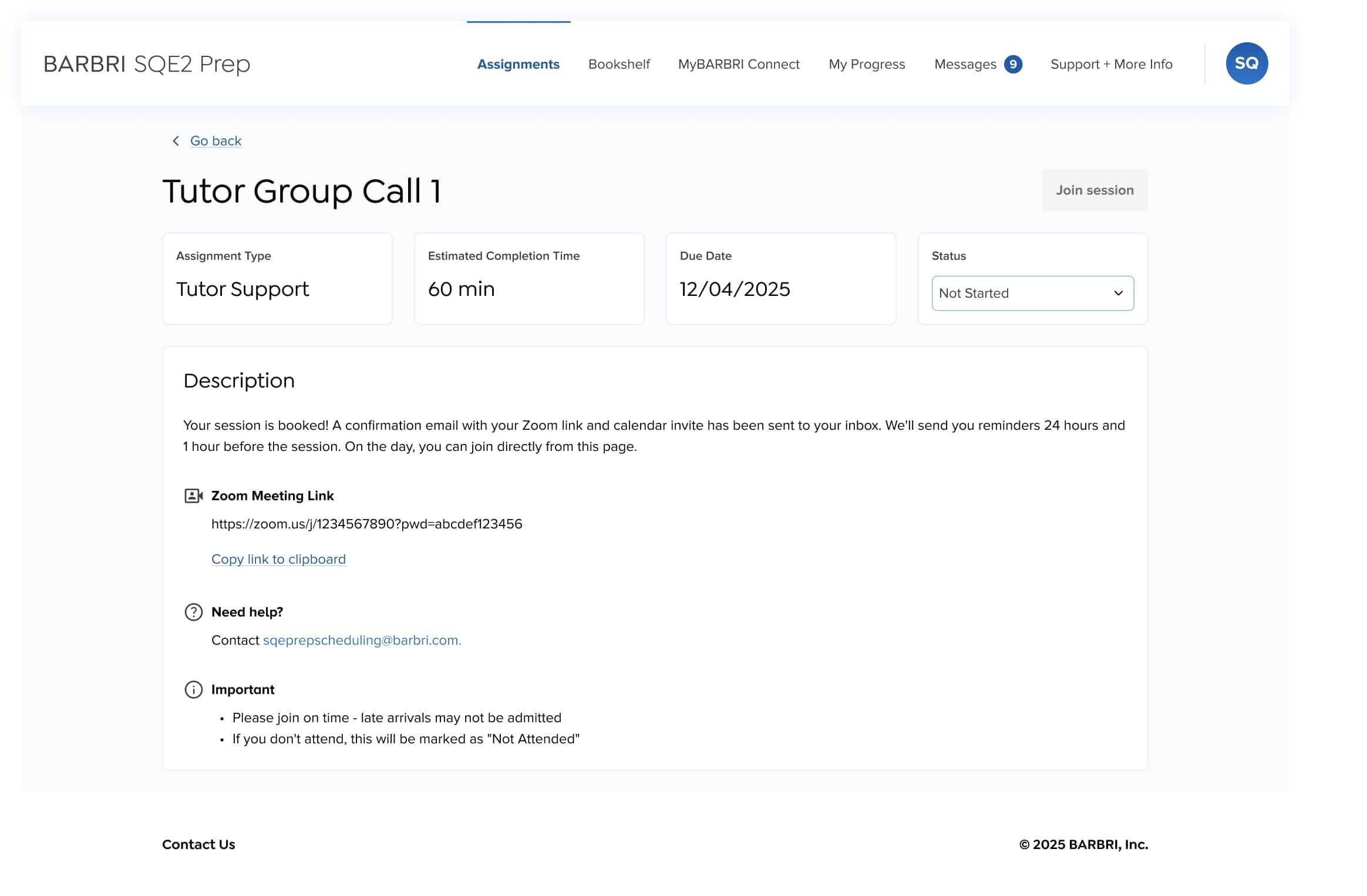 Session booking confirmation with time, tutor and calendar details