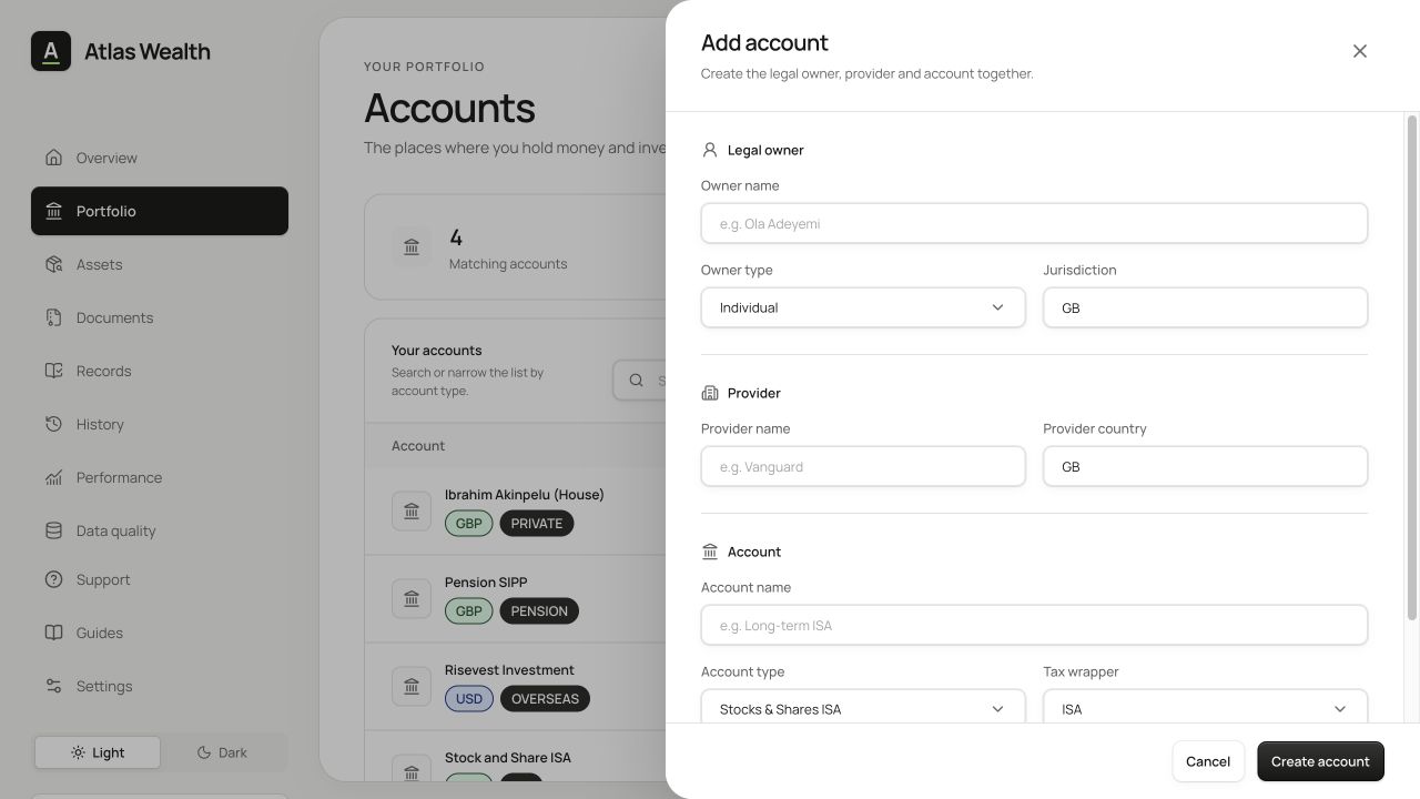 Add account side flyout groups legal owner, provider and account details beside the existing account list.