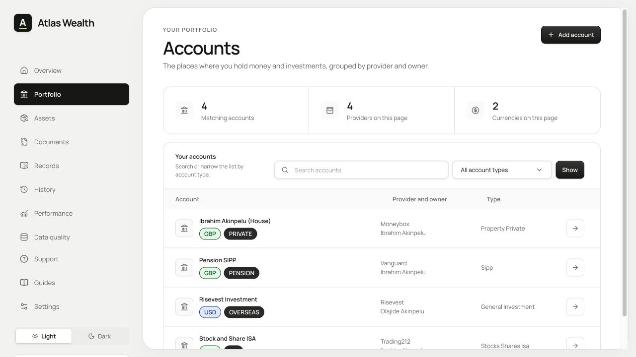 Atlas account list with search, account-type filters and currency badges.