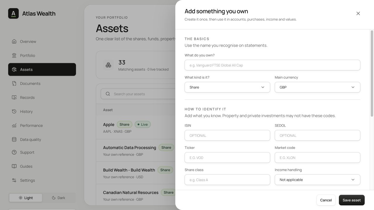 Add asset flyout groups the basics, identifiers and valuation settings with a fixed save action.