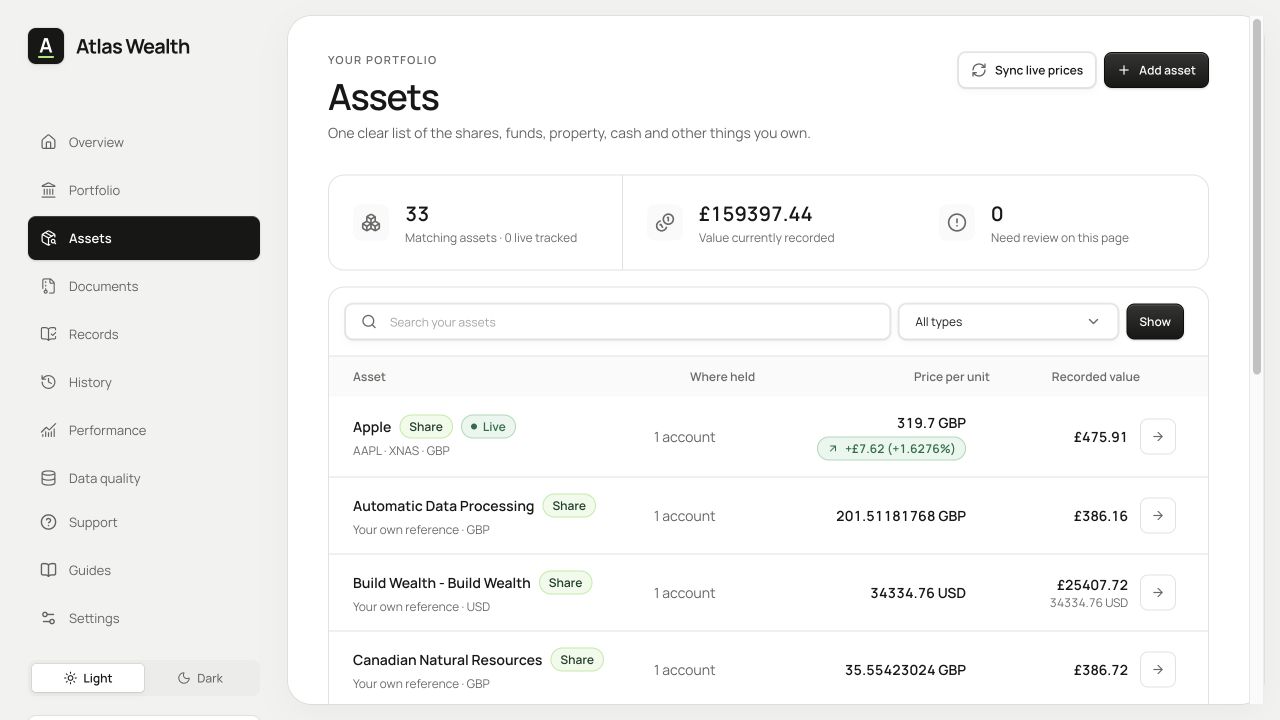 Atlas stock and asset list shows asset identity, currency, live-pricing status and where held.