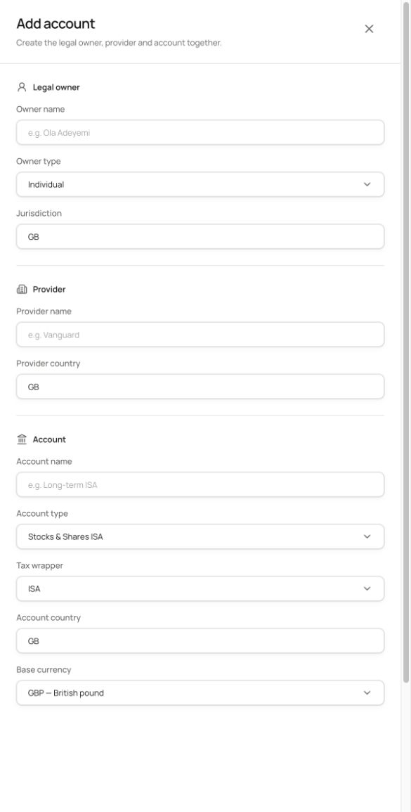 Mobile web add-account drawer becomes a full-screen form with a fixed action footer.