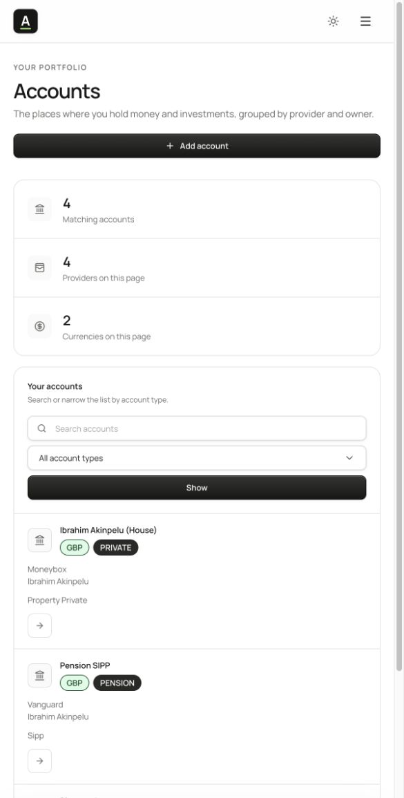 Responsive web accounts screen with stacked summaries, search and account-type filtering.