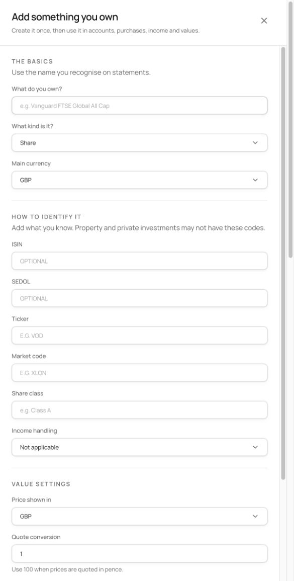 Mobile web asset-entry form stacks asset identity fields beneath a clear heading and above a fixed save action.