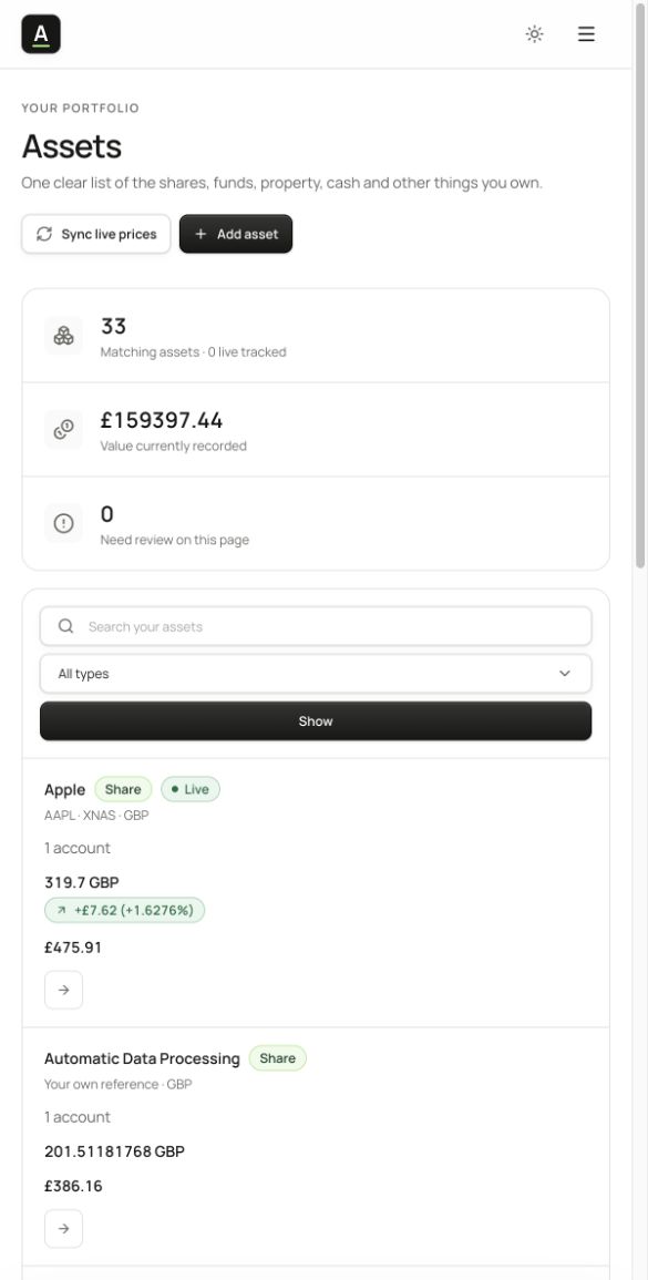 Mobile web stock list keeps asset name, currency and live status together in structured rows.