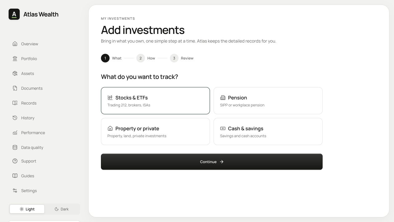 Investment entry begins with stocks, pensions, property or cash before choosing an import method.