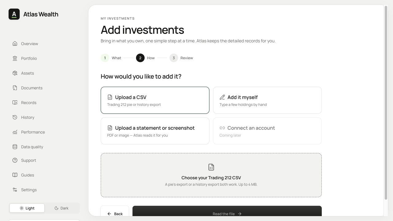 Atlas offers CSV, manual and statement entry, with account connection visibly unavailable.